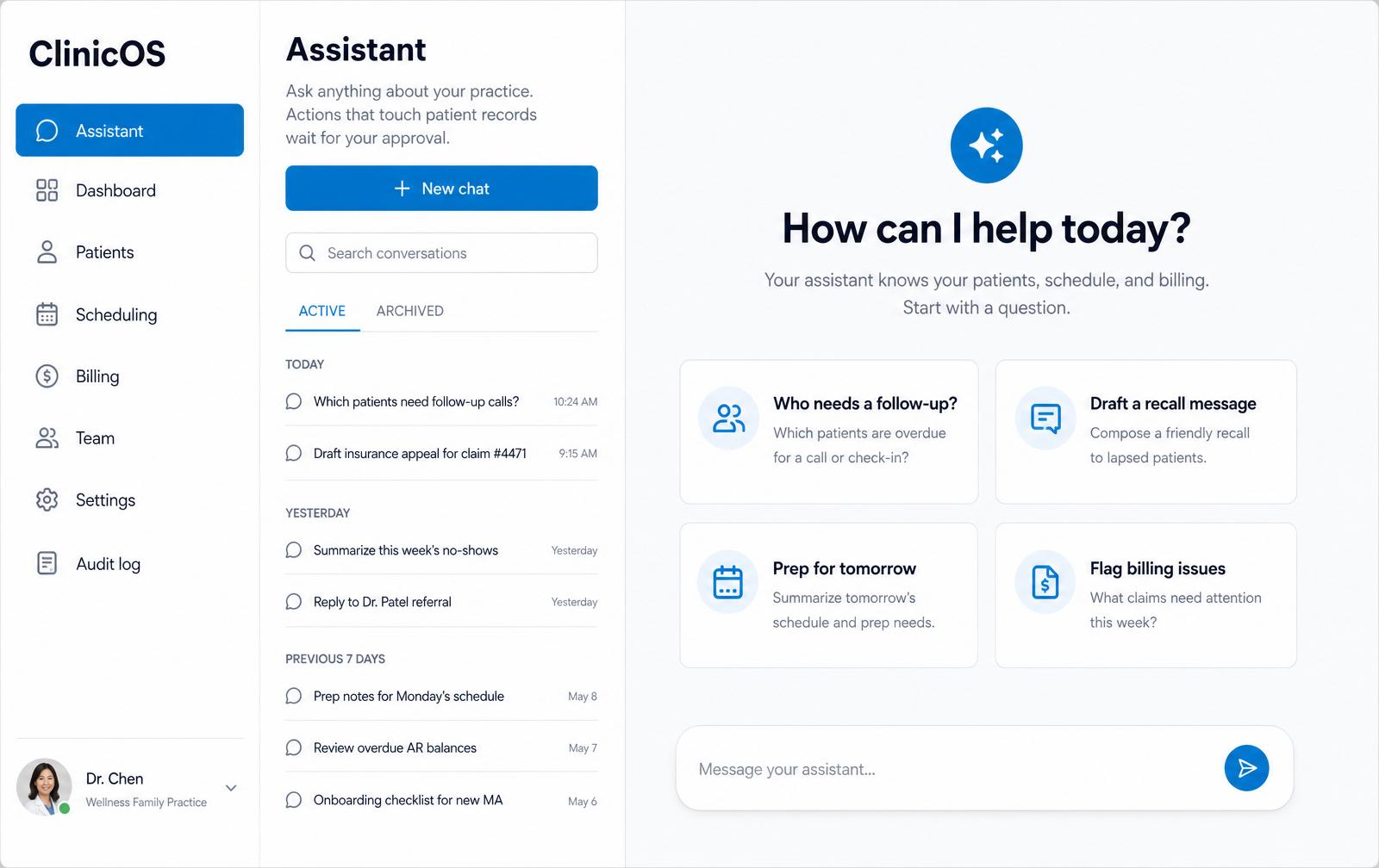 ClinicOS dashboard showing patient queue, schedule, and revenue insights